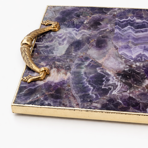 Serviertablett aus Amethyst-Achat mit Messinggriffen