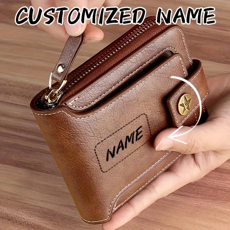 Custom Name Men's PU Wallet, Compact Metal Texture Zip Card Case with Coin Pocket, Personalized Gift, Fashion Daily Accessory