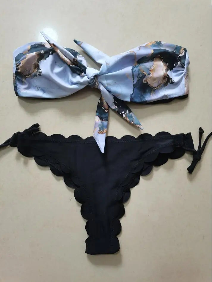 Beach Bikini 2026 Women Sexy Front Lace Up Tie Bandeau Leopard Swimsuit Female Push Up Ruffled Bow Bathing Suit Thong Swimwear