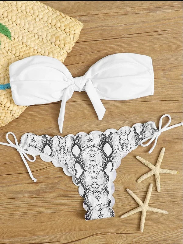 Beach Bikini 2026 Woman Sexy Front Lace Up Tie Bandeau Leopard Swimsuit Female Push Up Ruffled Bow Bathing Suit Thong Swimwear