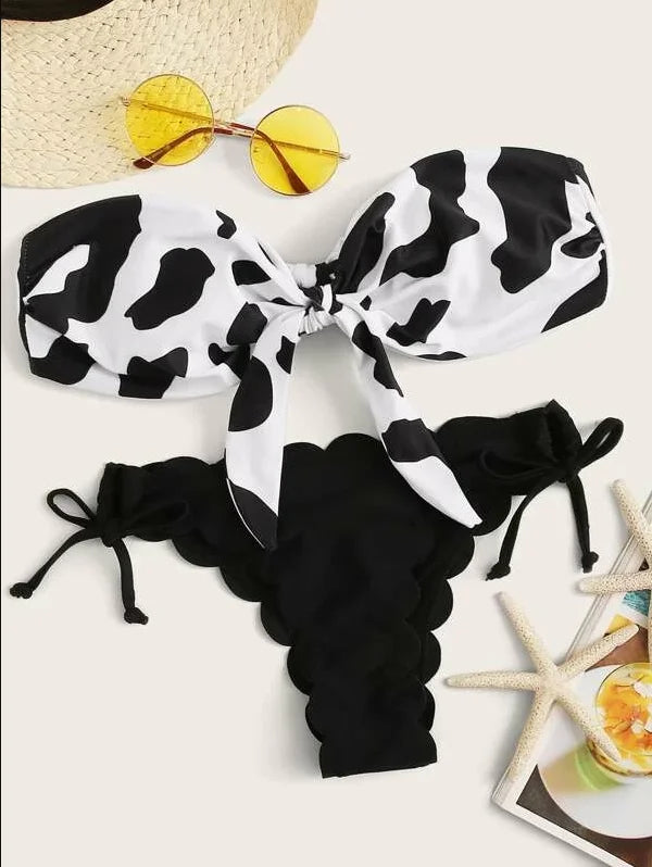Beach Bikini 2026 Woman Sexy Front Lace Up Tie Bandeau Leopard Swimsuit Female Push Up Ruffled Bow Bathing Suit Thong Swimwear
