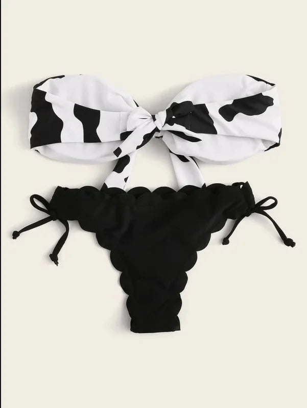 Beach Bikini 2026 Woman Sexy Front Lace Up Tie Bandeau Leopard Swimsuit Female Push Up Ruffled Bow Bathing Suit Thong Swimwear
