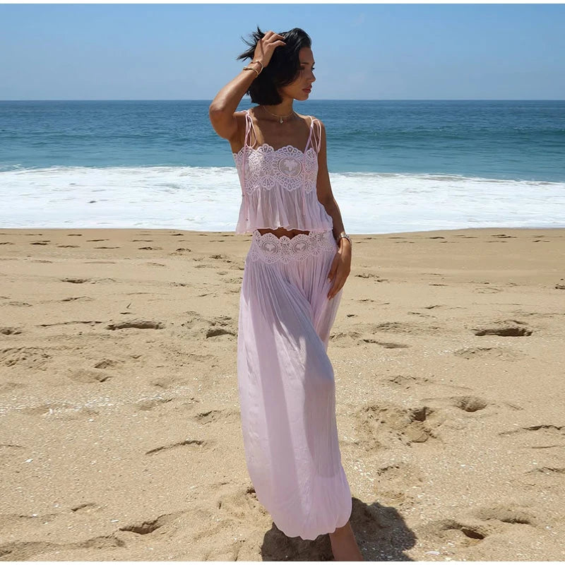 Women's Pant Set Sheer Layers Spaghetti Strap Backless Lace Top Straps Solid Loose Straight Elastic Hem Fashion Beach Chic Suits