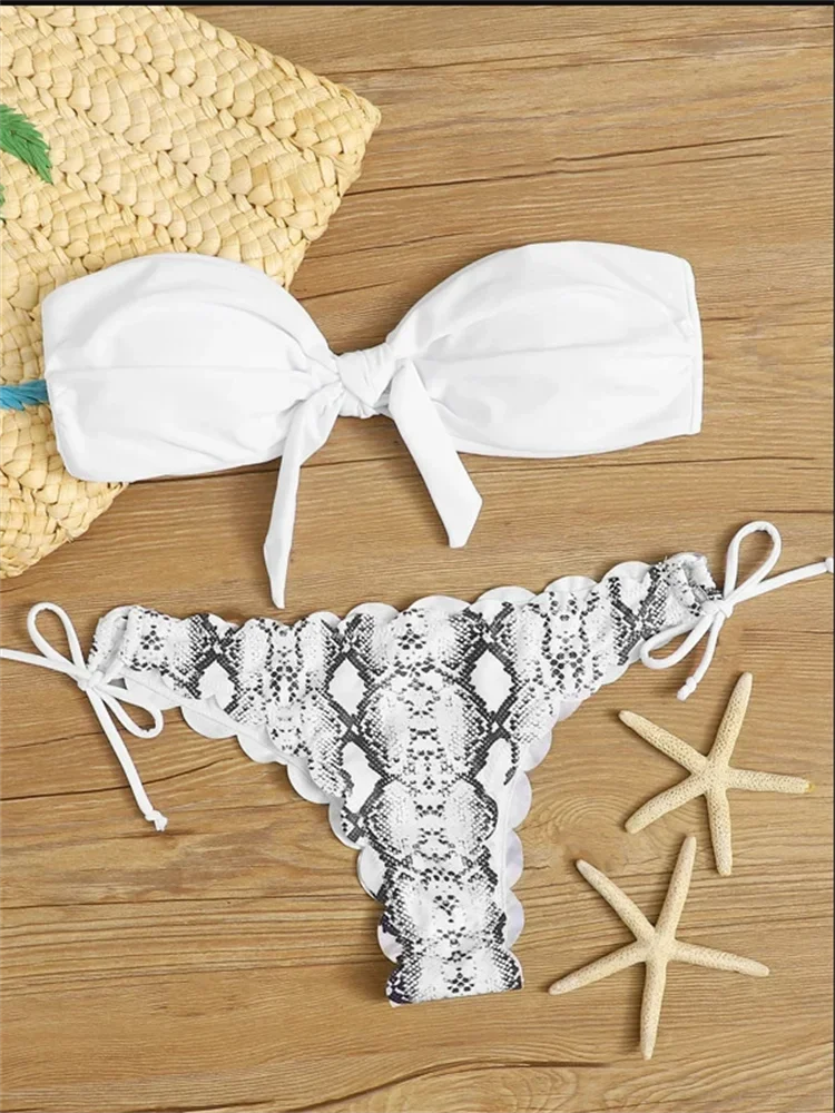Beach Bikini 2026 Women Sexy Front Lace Up Tie Bandeau Leopard Swimsuit Female Push Up Ruffled Bow Bathing Suit Thong Swimwear