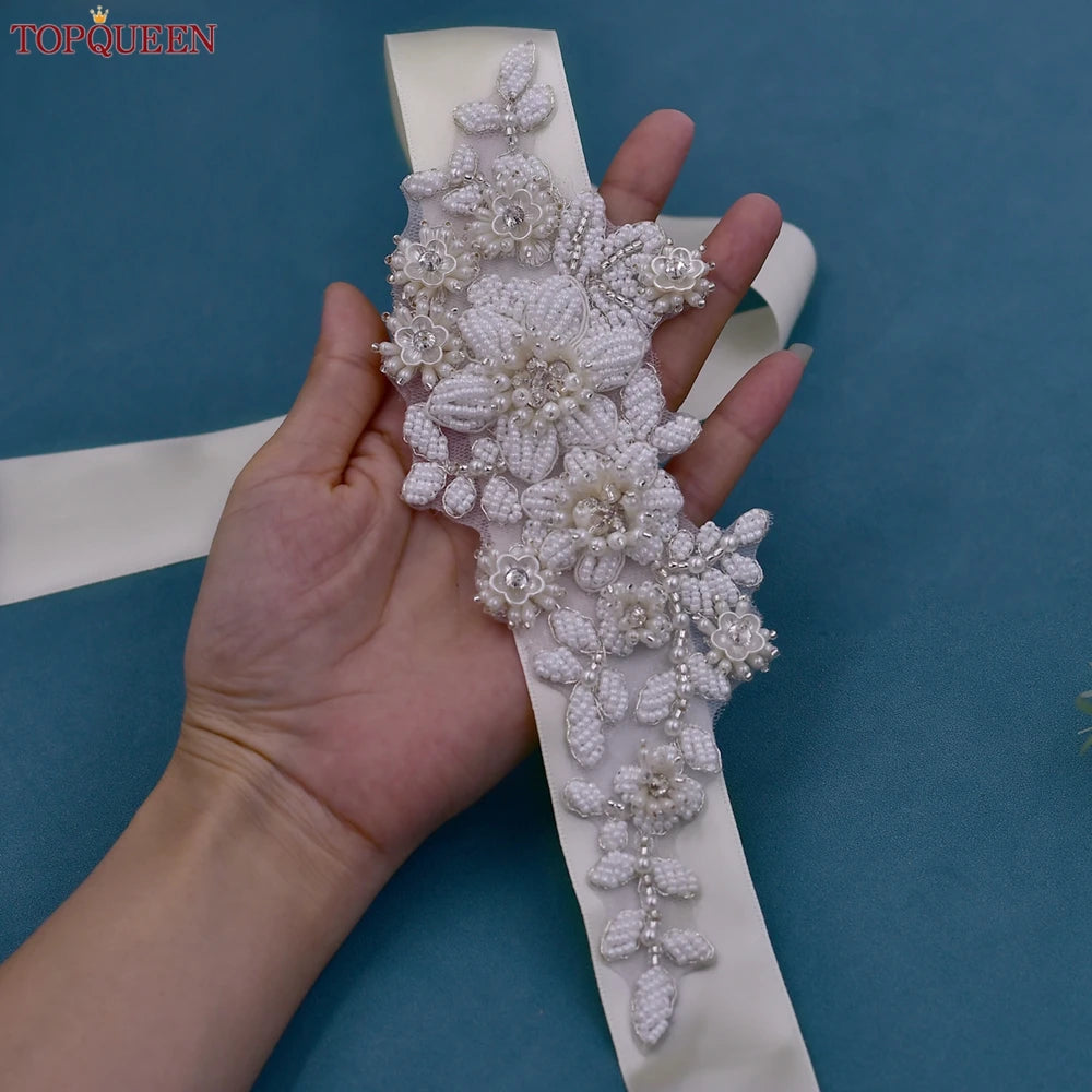 TOPQUEEN S484 Bridal Belt Fashion Wedding Accessories White Pearl Beaded Flower Sash Women's Party Dresses Accessories Appliques