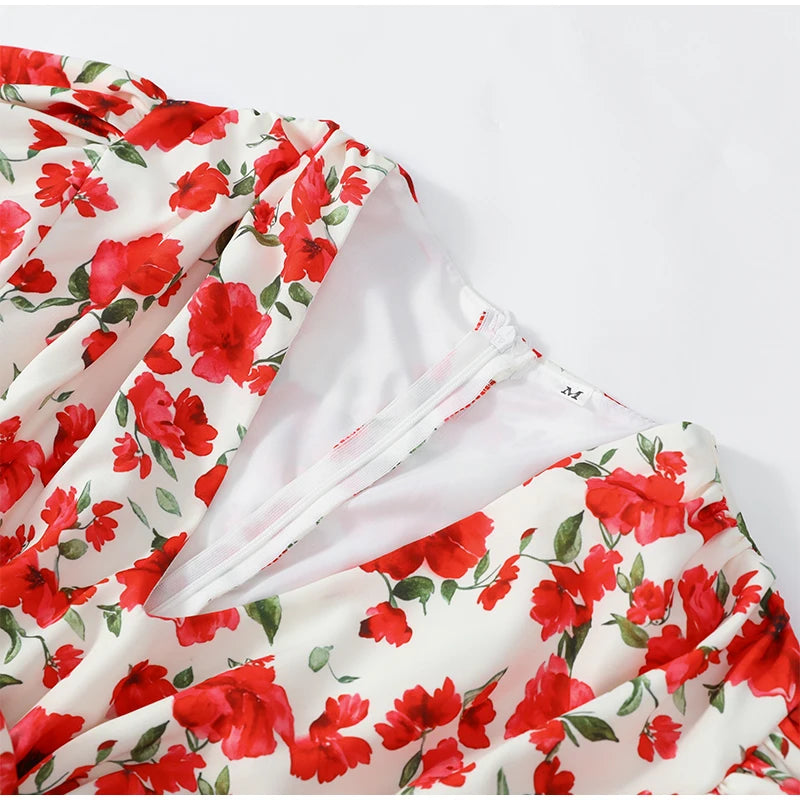 White Red Floral Ruched Puff Sleeve Mini Dress V-neck Ruffle Hem 3D Rose Dresses 2026 Summer Lady Party Sweet Date Vestidos New