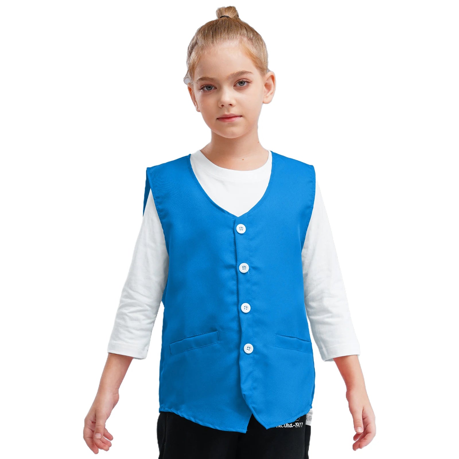 Kids Boys Girls Button Volunteer Vest Solid Color V Neck Sleeveless Waistcoat Volunteers School Camp Activities Uniform