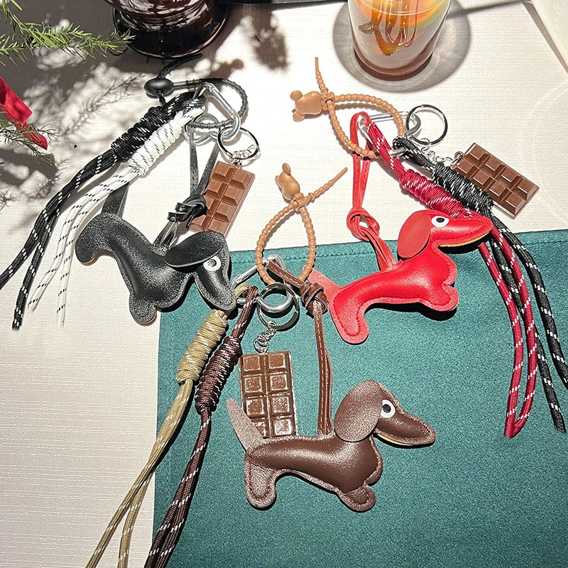 Vintage PU Leather Dachshund Puppy Braided Rope Pendant Keyring Fashion Chocolate Keychain Women Bag Charms Key Holder Gifts
