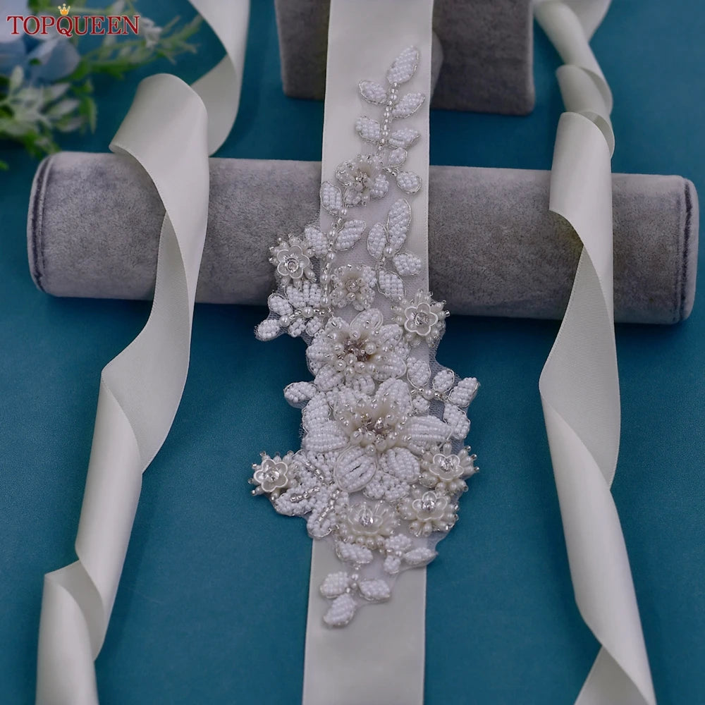 TOPQUEEN S484 Bridal Belt Fashion Wedding Accessories White Pearl Beaded Flower Sash Women's Party Dresses Accessories Appliques