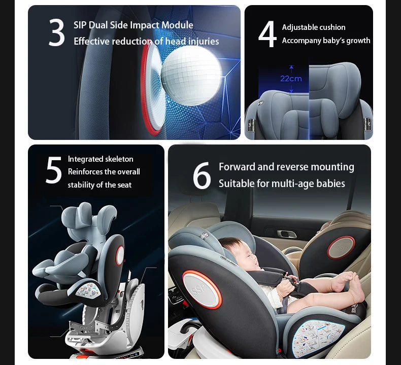360 Swivel Toddler Car Seat with Retractable Support Anti-Tip Leg, ISOFIX Mount Safety System, Dual SIP Side Impact Module, Integrated Skeleton Shell, Forward and Rearward Facing Multi-Age Child Seat