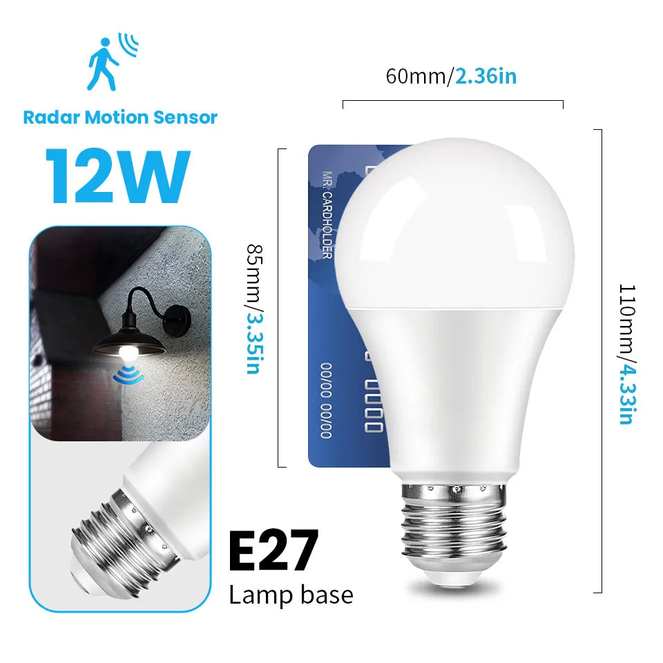 2PCS LED Bulb Light E27 12W Radar Motion Sensor 220V White Lamp Working at Night Auto On for Home Living Room Stairs Pathway