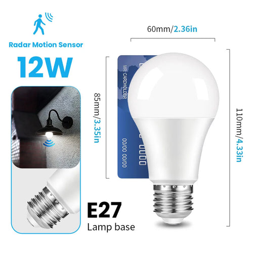 2PCS LED Bulb Light E27 12W Radar Motion Sensor 220V White Lamp Working at Night Auto On for Home Living Room Stairs Pathway