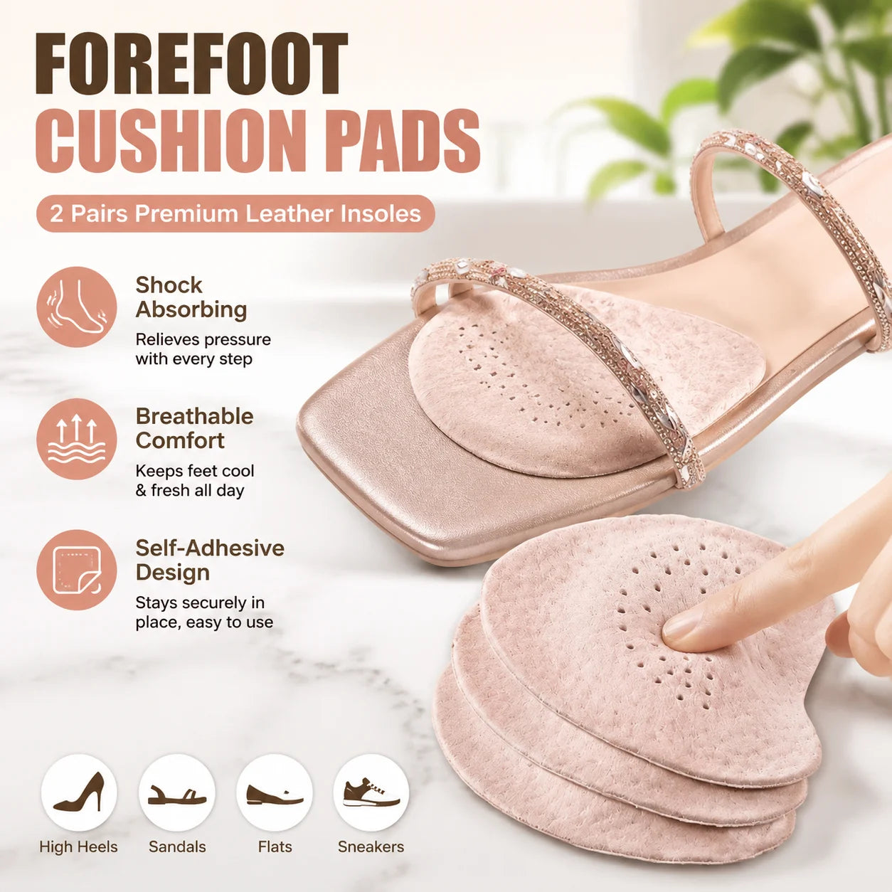 Forefoot Pads, High-Quality Leather, Self-Adhesive Half-Size Insoles, Shock-Absorbing, Breathable for Sandals & High Heels