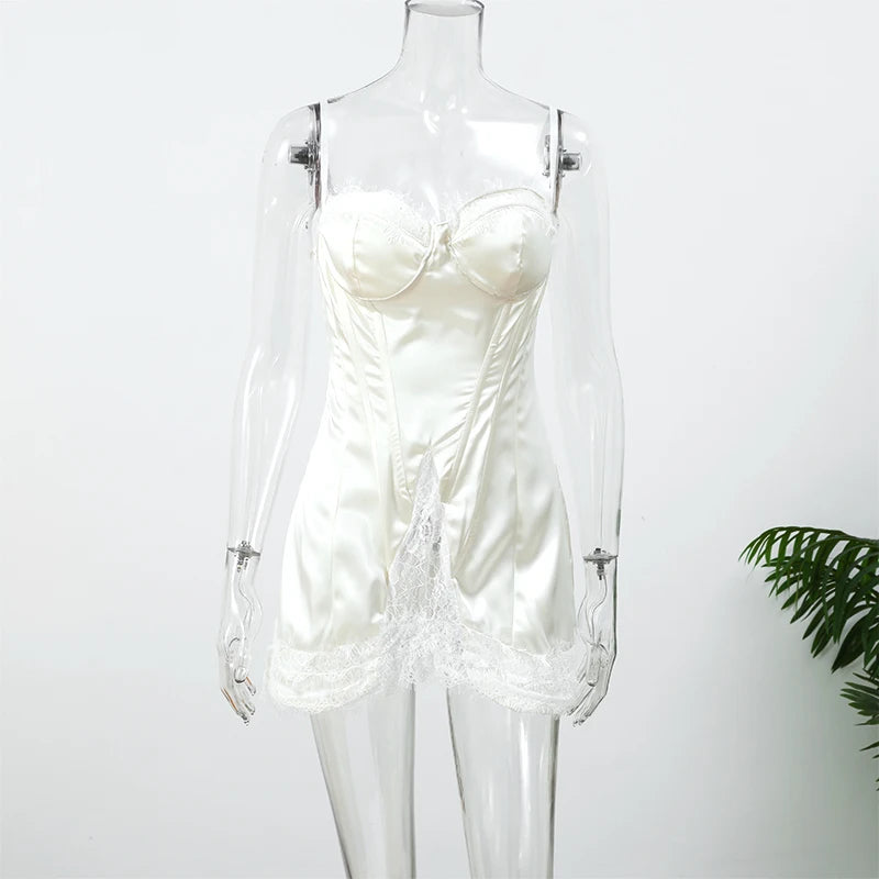 Women's White Lace Trim Corset Mini Dress Sexy Sweetheart Neck Spaghetti Strap Slit Hem 2026 Summer Leisure Nightclub Party Wear