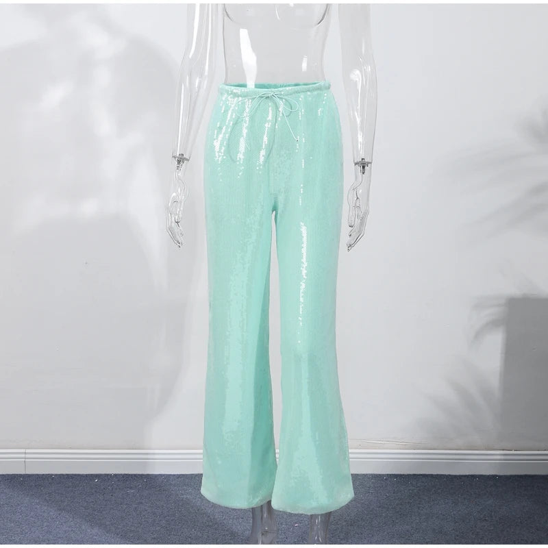 Loose Solid Color Sequin Pants Women Cinched Waist Glitter Straight Baggy Long Pants Casual Street Chic Sparkle Women's Trousers