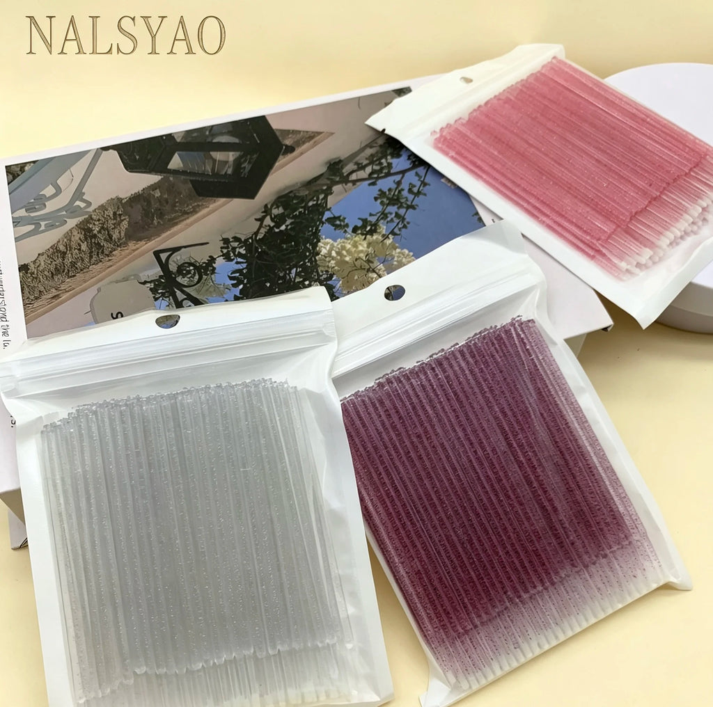 100/500Pcs Crystal Micro Applicator Brush for Eyelash Extension, Micro Cotton Swabs, Lips Mascara Wands, Pink Microbrush, Lash Lift