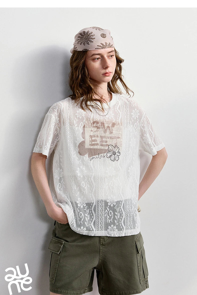 TOYOUTH Women Lace Sheer T-Shirt 2026 Summer New Letter Flower Print Loose Drop Shoulder Fashion Pullover Tops