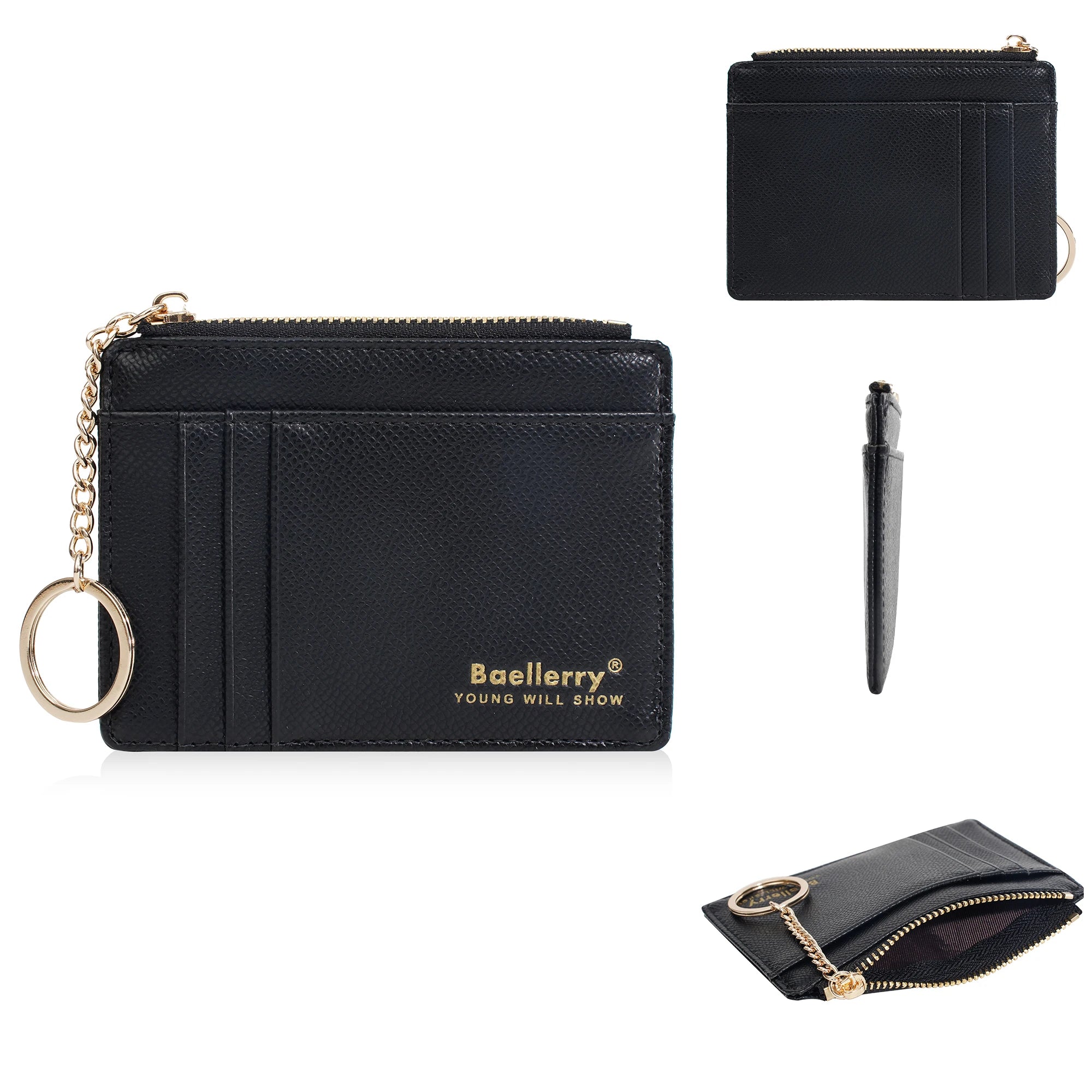 1Pcs/Baellerry Ultra-Thin Card Holder, Multiple Card Slots + Zippered Coin Pocket, with Keychain Lanyard, Portable Coin Purse