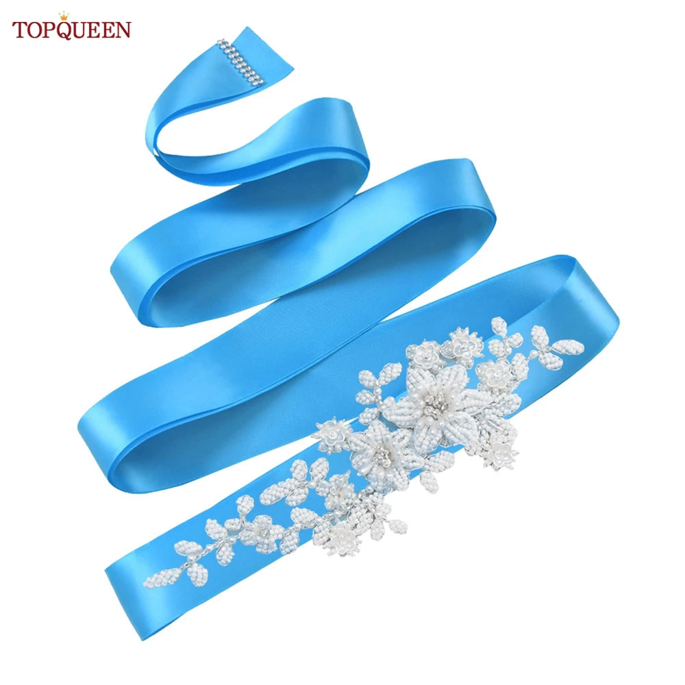 TOPQUEEN S484 Bridal Belt Fashion Wedding Accessories White Pearl Beaded Flower Sash Women's Party Dresses Accessories Appliques