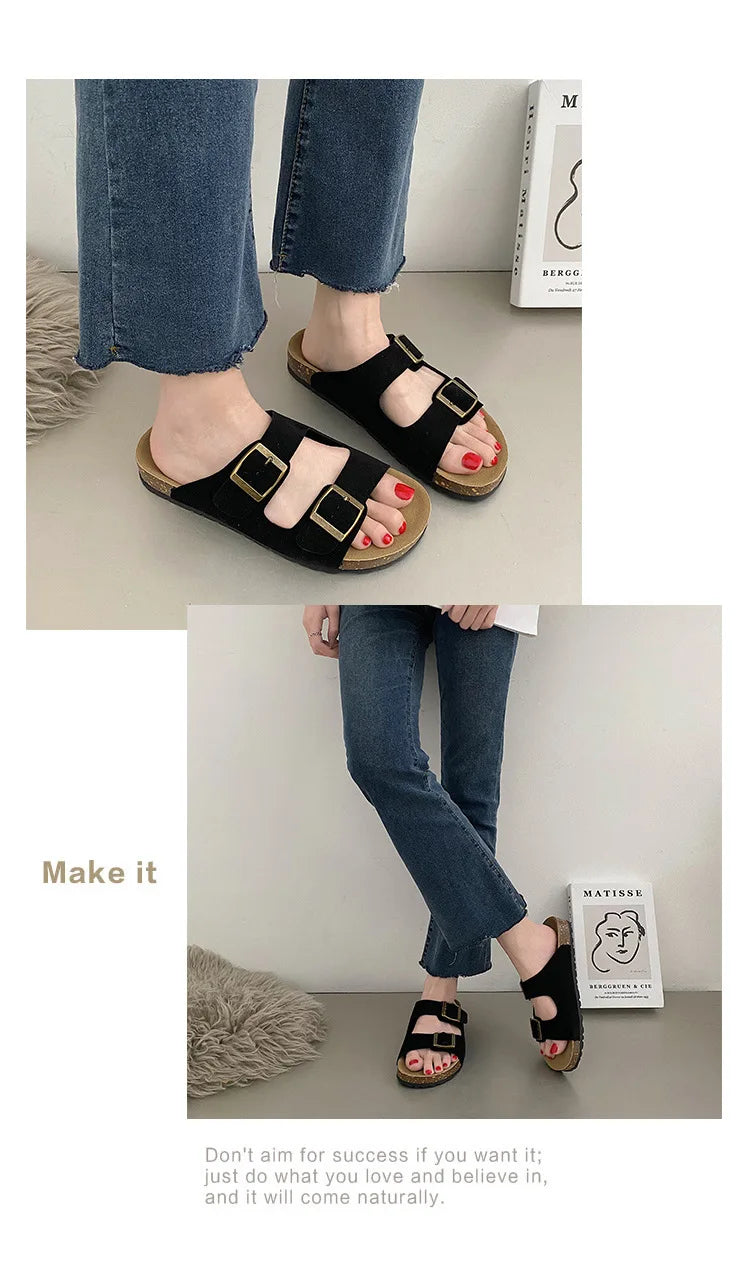 Shevalues Cork Sole Slippers For Women Men Classic Suede Summer Sandals With Arch Support Fashion Orthopedic Beach Cork Shoes