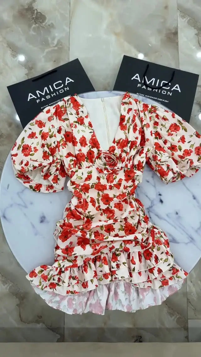 White Red Floral Ruched Puff Sleeve Mini Dress V-neck Ruffle Hem 3D Rose Dresses 2026 Summer Lady Party Sweet Date Vestidos New