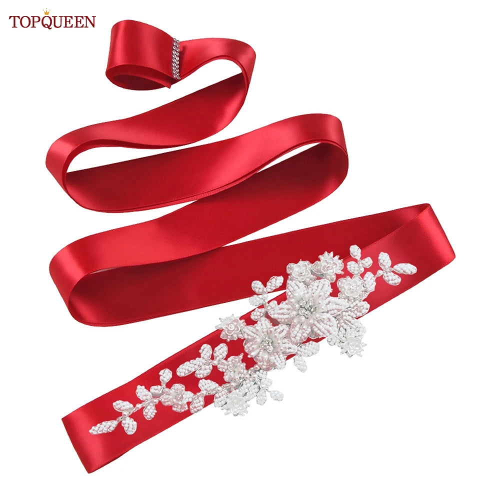 TOPQUEEN S484 Bridal Belt Fashion Wedding Accessories White Pearl Beaded Flower Sash Women's Party Dresses Accessories Appliques