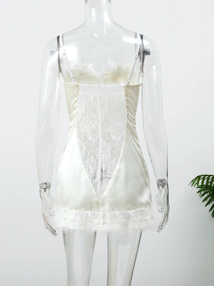 Women's White Lace Trim Corset Mini Dress Sexy Sweetheart Neck Spaghetti Strap Slit Hem 2026 Summer Leisure Nightclub Party Wear