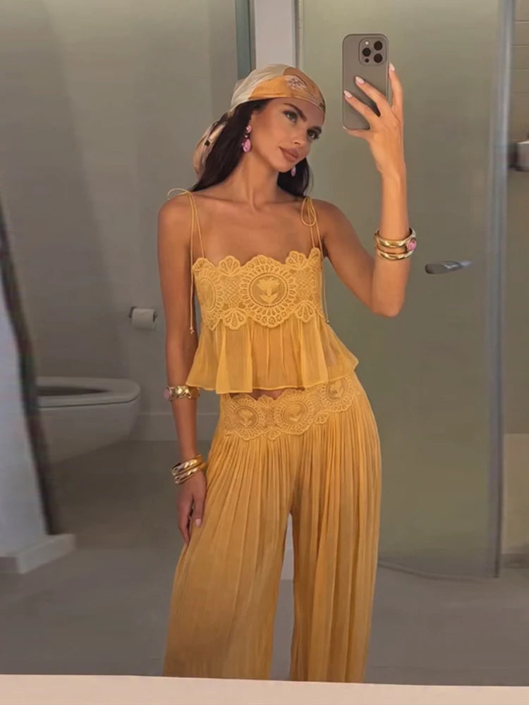 Women's Pant Set Sheer Layers Spaghetti Strap Backless Lace Top Straps Solid Loose Straight Elastic Hem Fashion Beach Chic Suits