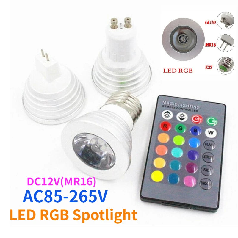 New RGB LED Spotlight 3W E27 E14 GU10 GU5.3 MR16 With 24-Key Remote Control Color Dimmable Light Bulbs For Home Decoration