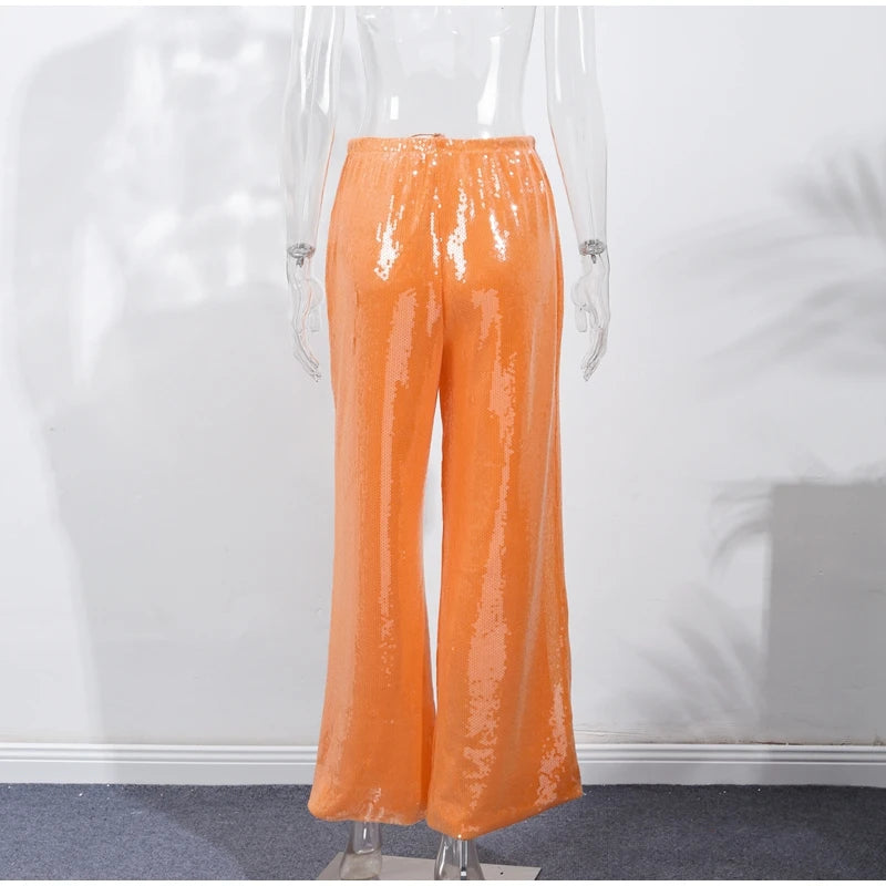 Loose Solid Color Sequin Pants Women's Cinched Waist Glitter Straight Baggy Long Pants Casual Street Chic Sparkle Women's Trousers