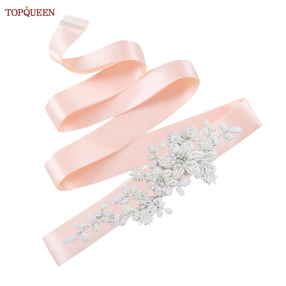 TOPQUEEN S484 Bridal Belt Fashion Wedding Accessories White Pearl Beaded Flower Sash Women's Party Dresses Accessories Appliques