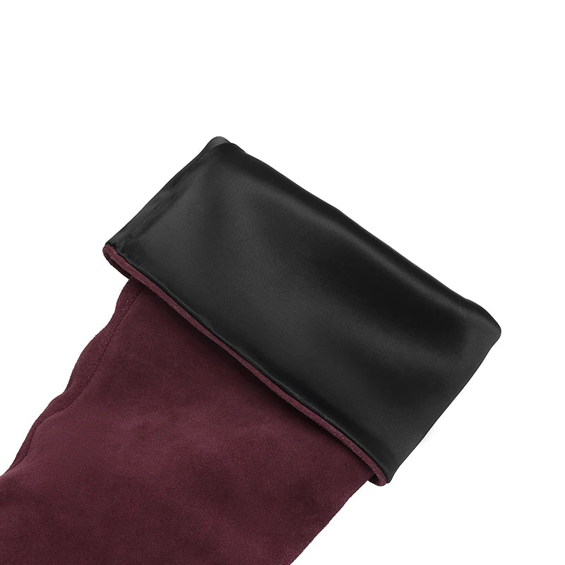 2025 New Trend Cow Suede Women Autumn Winter Slip-On Boots Chocolate Burgundy High Chunky Heels Square Toe Lady Knee High Boots