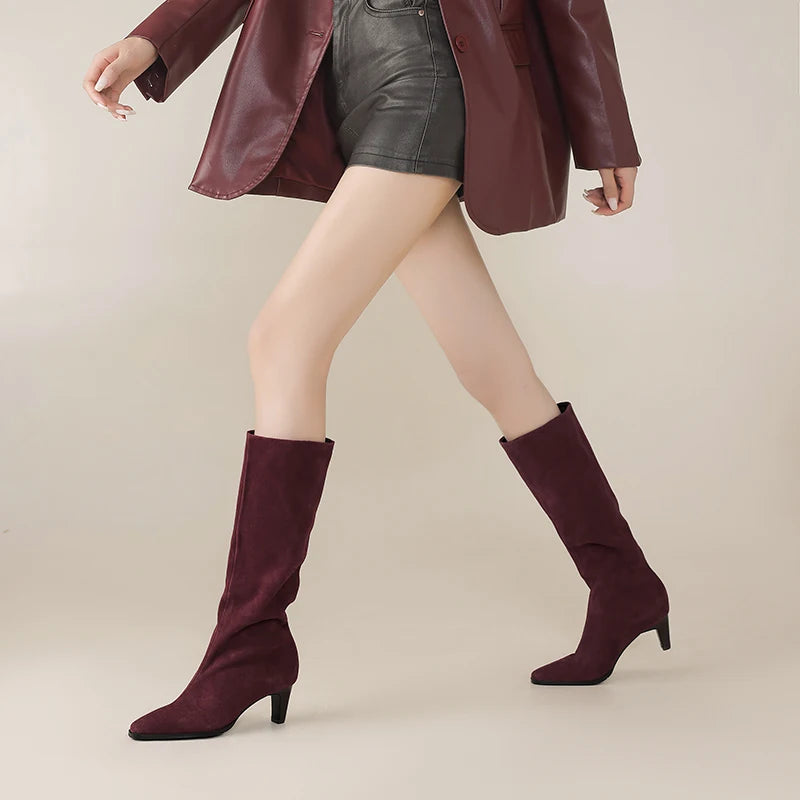 2025 New Trend Cow Suede Women Autumn Winter Slip-On Boots Chocolate Burgundy High Chunky Heels Square Toe Lady Knee High Boots