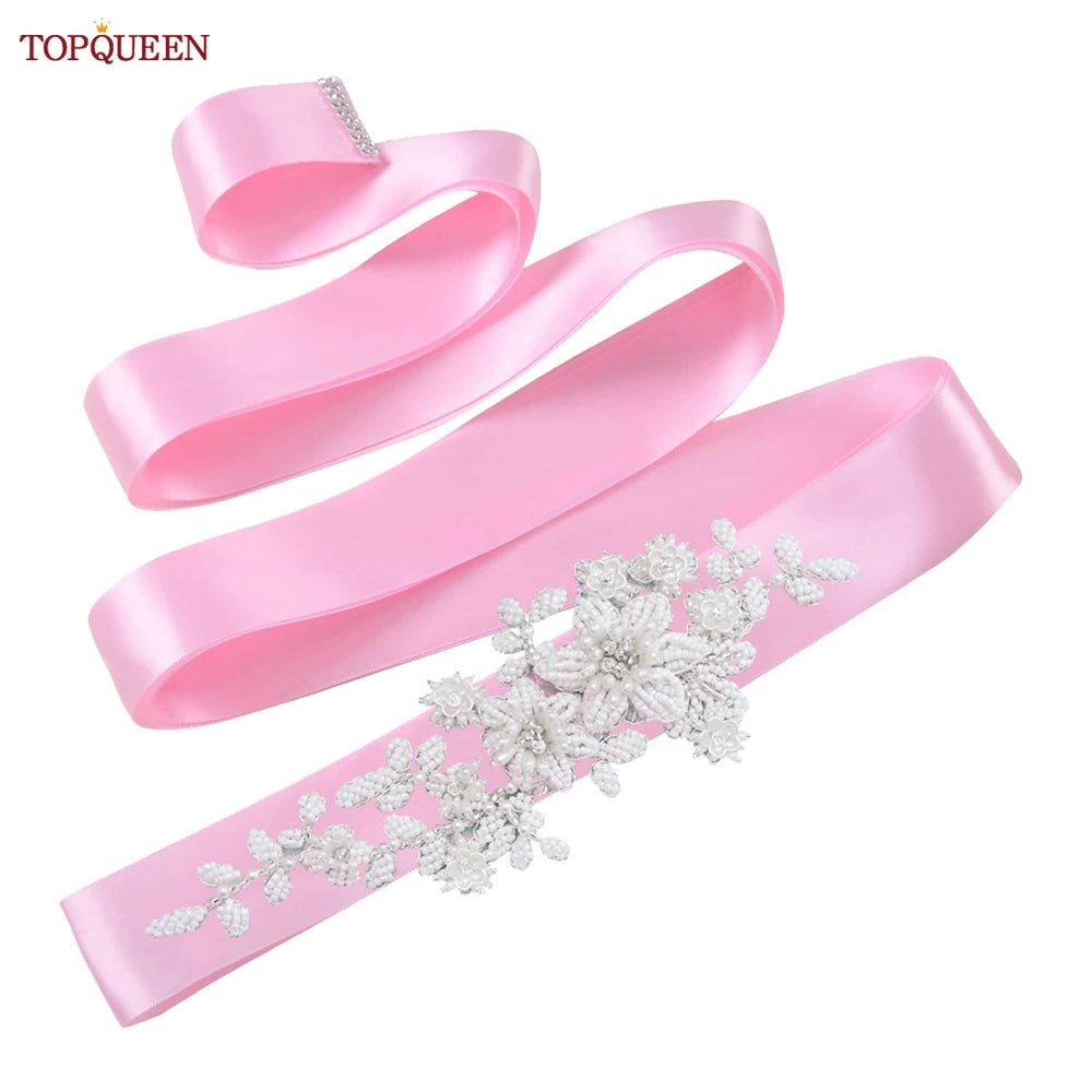 TOPQUEEN S484 Bridal Belt Fashion Wedding Accessories White Pearl Beaded Flower Sash Women's Party Dresses Accessories Appliques