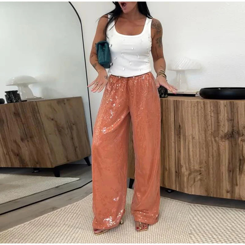 Loose Solid Color Sequin Pants Women's Cinched Waist Glitter Straight Baggy Long Pants Casual Street Chic Sparkle Women's Trousers