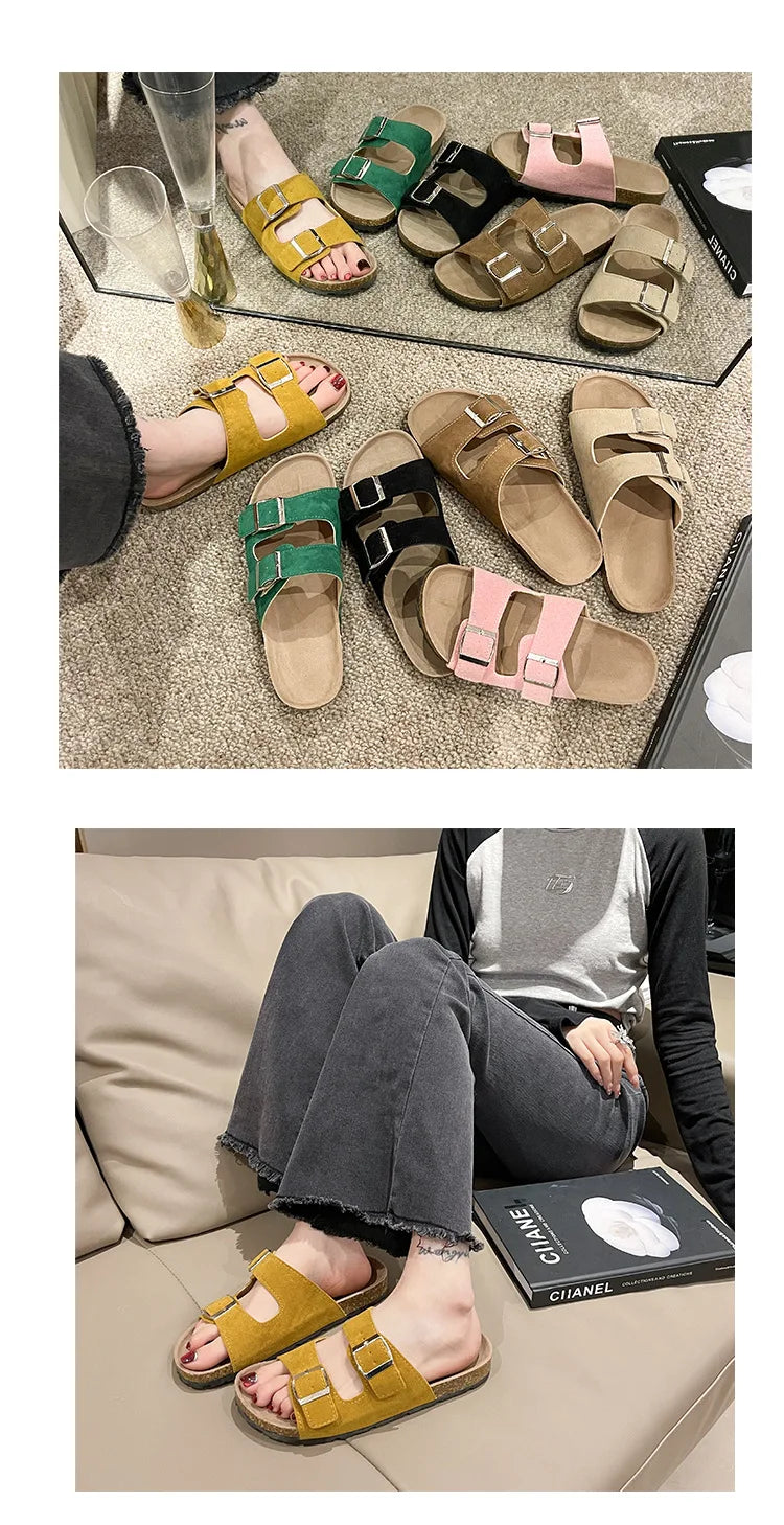 Shevalues Cork Sole Slippers For Women Men Classic Suede Summer Sandals With Arch Support Fashion Orthopedic Beach Cork Shoes