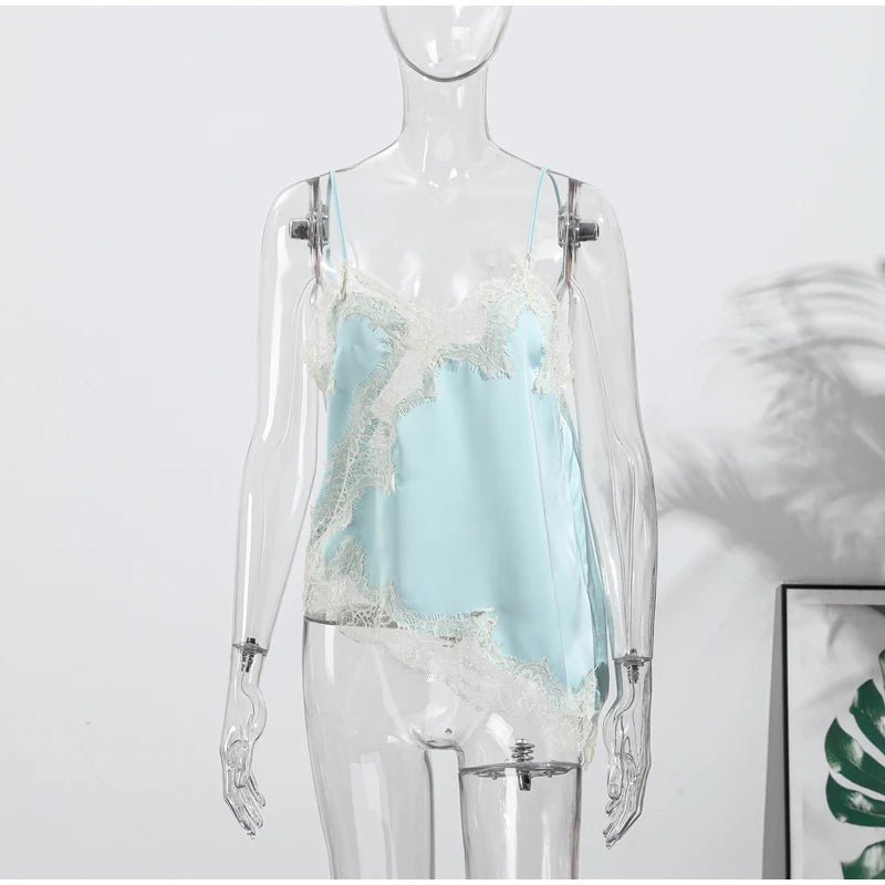 Lace Spliced Square Neck Spaghetti Strap Blouse Loose Fit Cropped 2026 Summer Women Chiffon Top Casual Delicate Lady Blouse