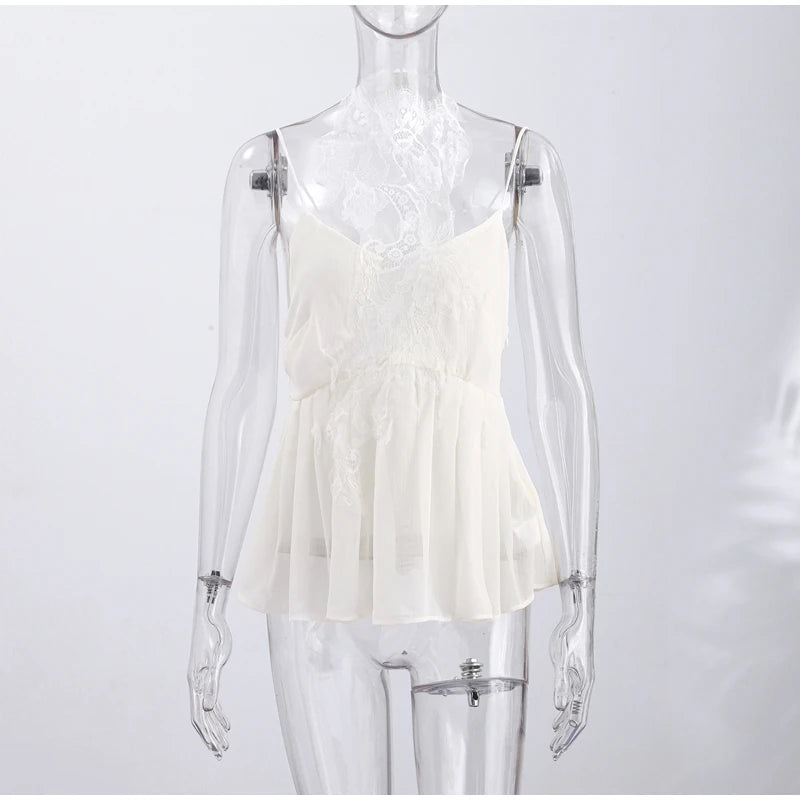 Women's Pant Set Sheer Layers Spaghetti Strap Backless Lace Top Straps Solid Loose Straight Elastic Hem Fashion Beach Chic Suits