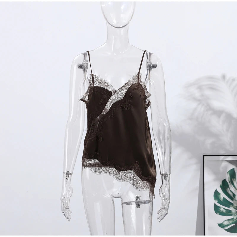 Lace Spliced Square Neck Spaghetti Strap Blouse Loose Fit Cropped 2026 Summer Women Chiffon Top Casual Delicate Lady Blouse
