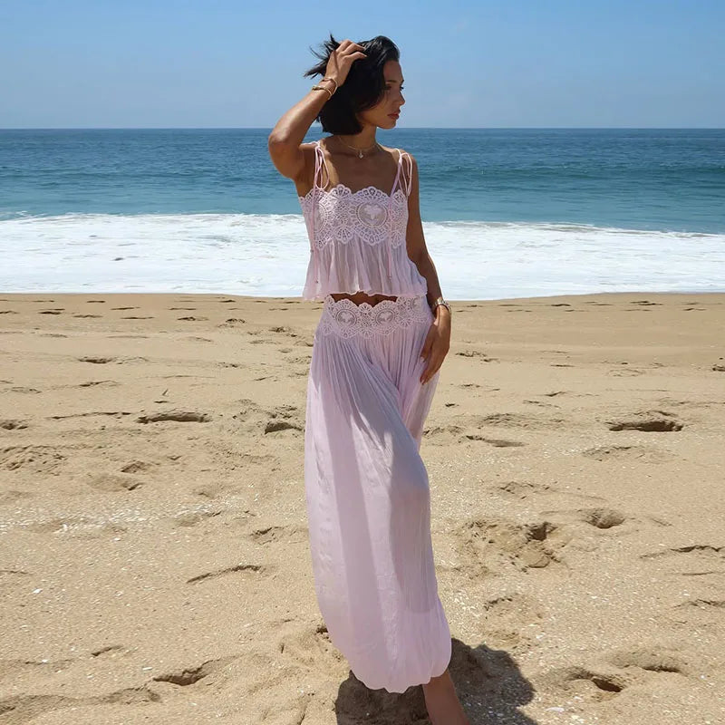 Women's Pant Set Sheer Layers Spaghetti Strap Backless Lace Top Straps Solid Loose Straight Elastic Hem Fashion Beach Chic Suits