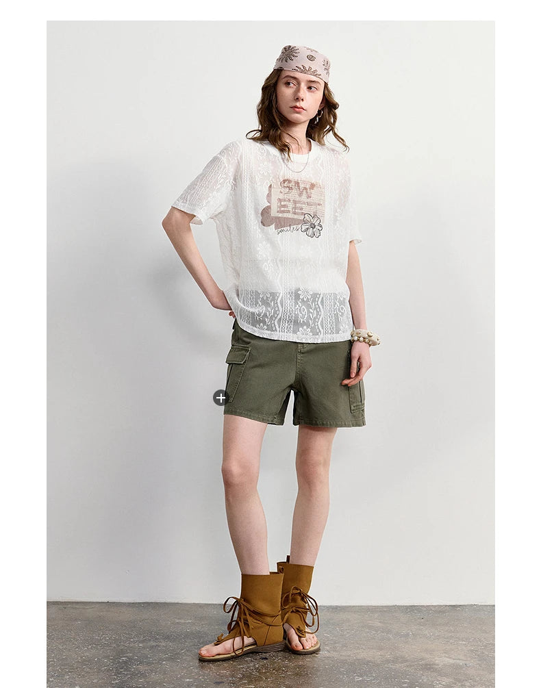 TOYOUTH Women Lace Sheer T-Shirt 2026 Summer New Letter Flower Print Loose Drop Shoulder Fashion Pullover Tops