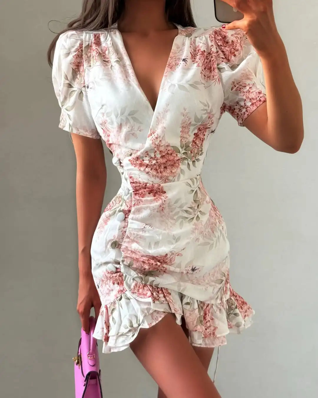 White Red Floral Ruched Puff Sleeve Mini Dress V-neck Ruffle Hem 3D Rose Dresses 2026 Summer Lady Party Sweet Date Vestidos New