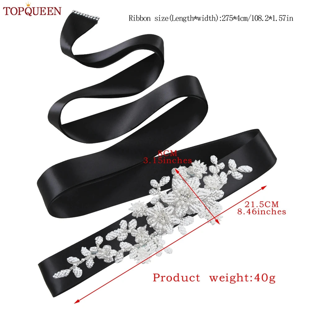TOPQUEEN S484 Bridal Belt Fashion Wedding Accessories White Pearl Beaded Flower Sash Women's Party Dresses Accessories Appliques
