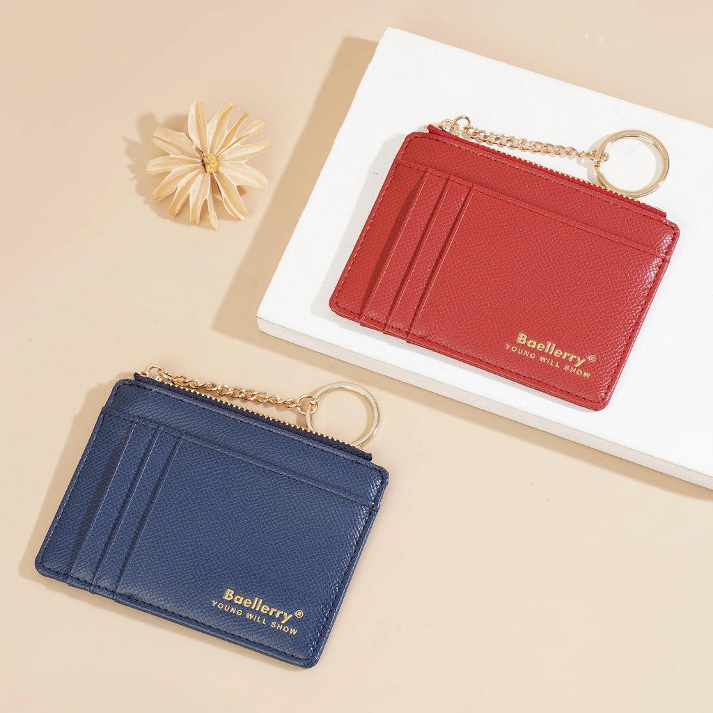 1Pcs/Baellerry Ultra-Thin Card Holder, Multiple Card Slots + Zippered Coin Pocket, with Keychain Lanyard, Portable Coin Purse