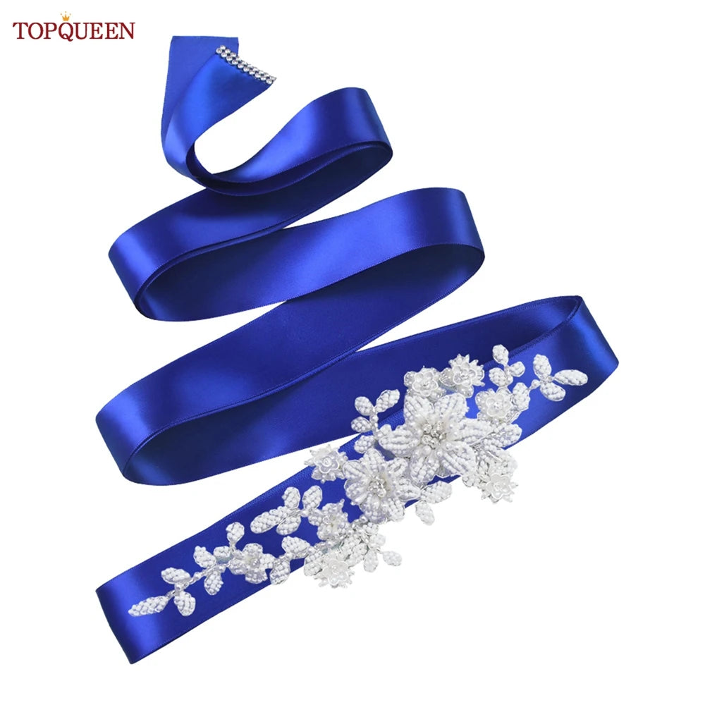 TOPQUEEN S484 Bridal Belt Fashion Wedding Accessories White Pearl Beaded Flower Sash Women's Party Dresses Accessories Appliques