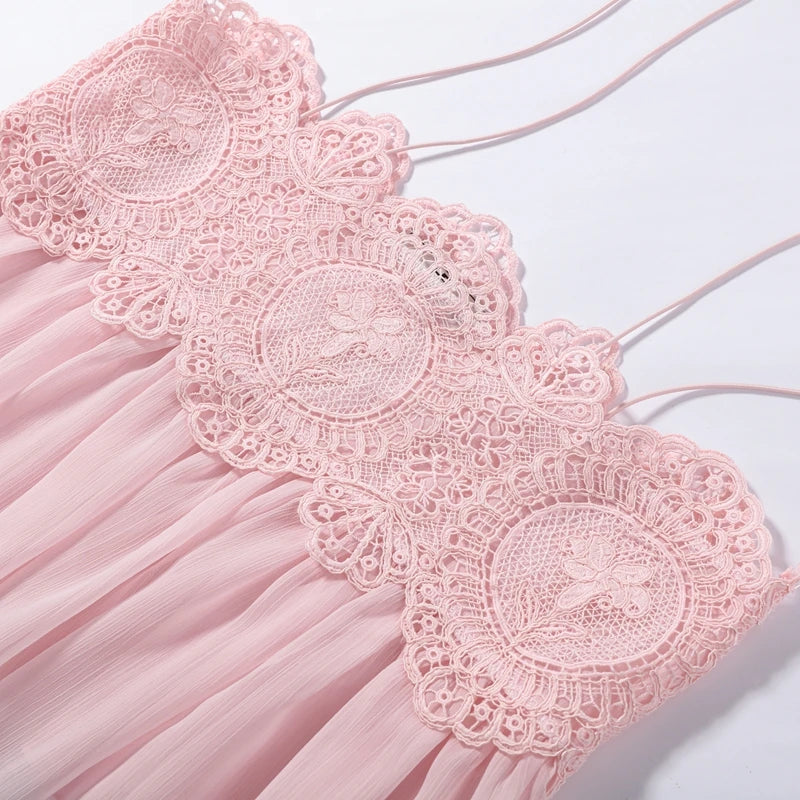Women's Pant Set Sheer Layers Spaghetti Strap Backless Lace Top Straps Solid Loose Straight Elastic Hem Fashion Beach Chic Suits