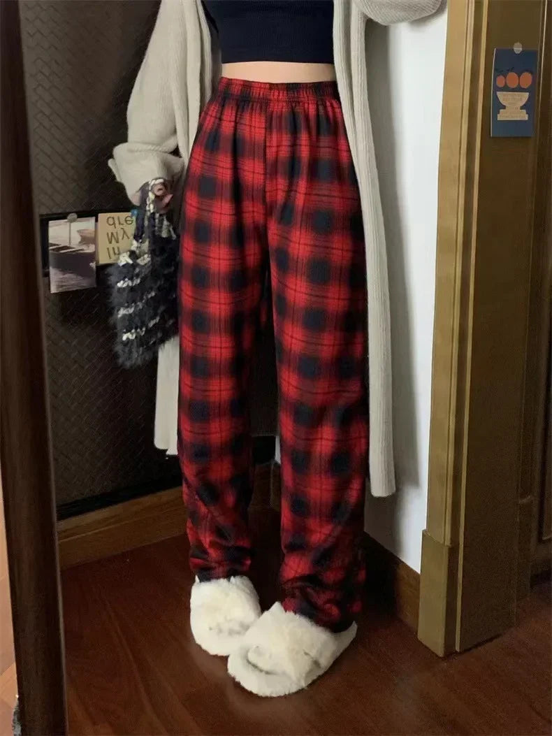 Fashion Warm Plush Pants Cashmere Thick Plaid Women's Winter Casual Loose Wide-legged Pants Korean Streetwear Students