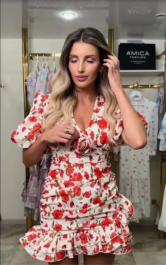 White Red Floral Ruched Puff Sleeve Mini Dress V-neck Ruffle Hem 3D Rose Dresses 2026 Summer Lady Party Sweet Date Vestidos New