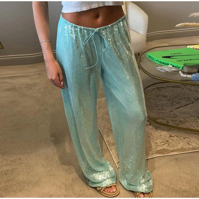Loose Solid Color Sequin Pants Women Cinched Waist Glitter Straight Baggy Long Pants Casual Street Chic Sparkle Women's Trousers
