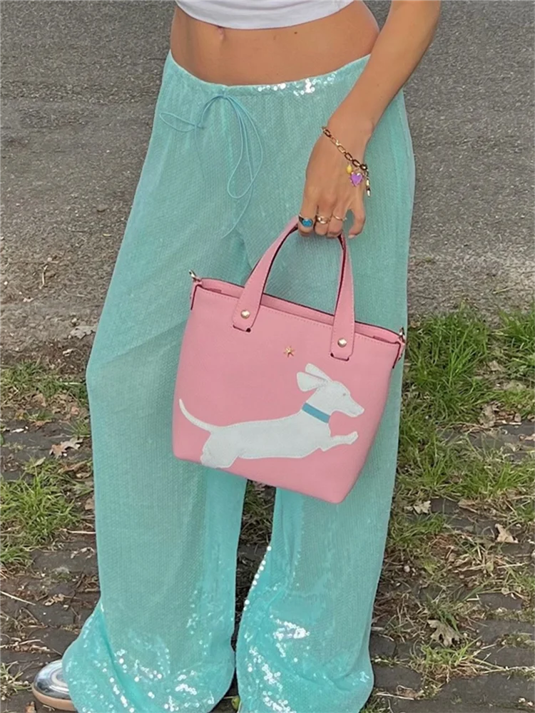 Loose Solid Color Sequin Pants Women's Cinched Waist Glitter Straight Baggy Long Pants Casual Street Chic Sparkle Women's Trousers